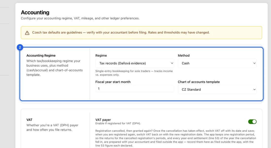 Under Accounting Regime, open Regime and pick Tax records (Daňová evidence), Double-entry bookkeeping (Podvojné účetnictví) or Flat-rate tax (Paušální daň). A short description of the one you picked appears below it.
