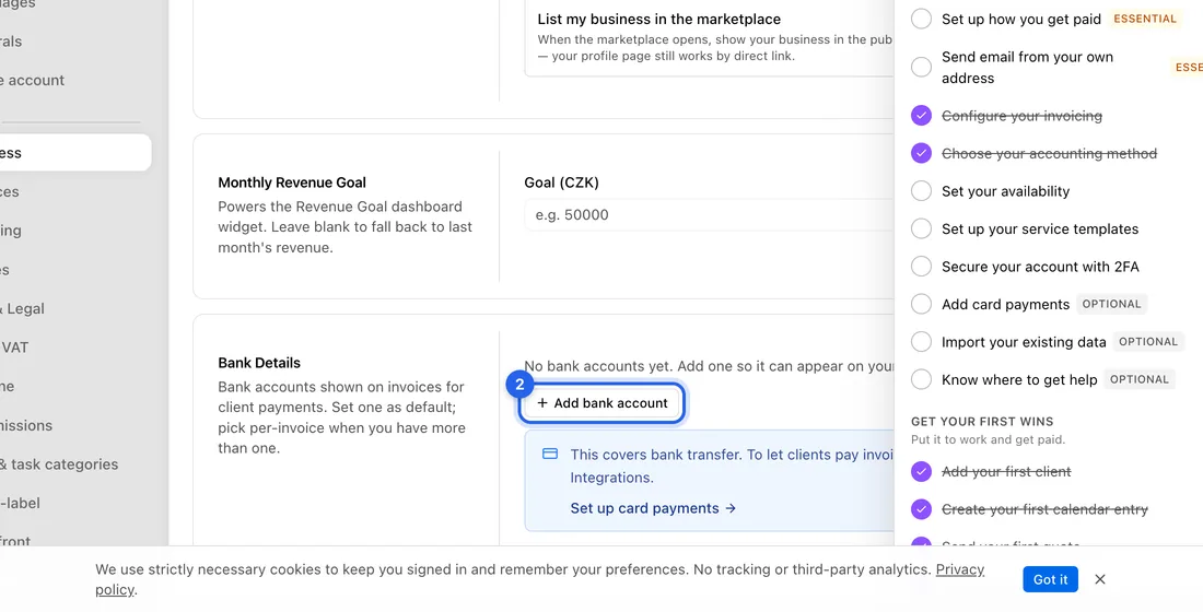 Scroll down to Bank Details and click Add bank account.