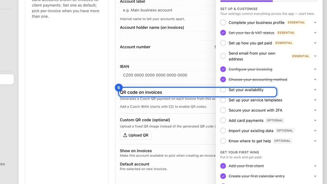 If your IBAN starts with CZ, turn on QR code on invoices. A sample code for a 1 000 Kč invoice appears so you can check it scans.