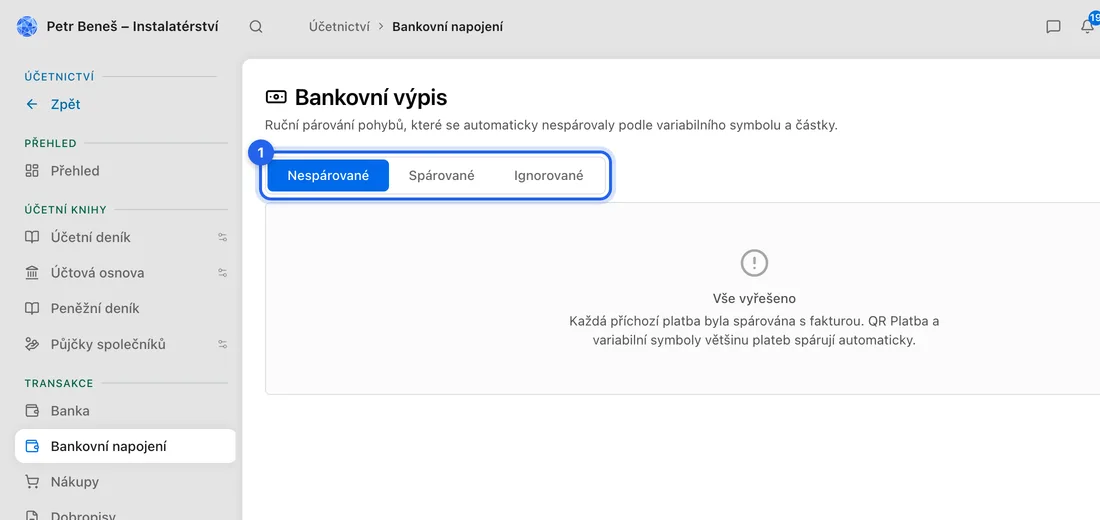 Přejděte do Účetnictví → Bankovní napojení. Otevře se karta Nespárované.