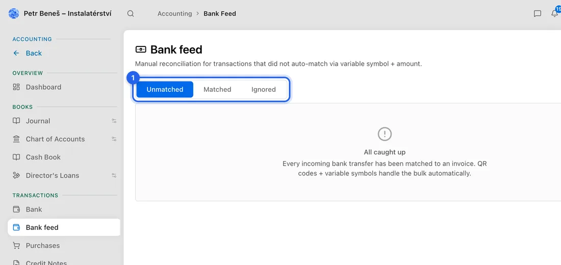 Go to Accounting → Bank feed. The Unmatched tab is open.