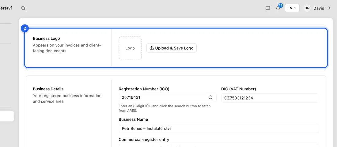 At the top, under Business Logo, click Upload & Save Logo.