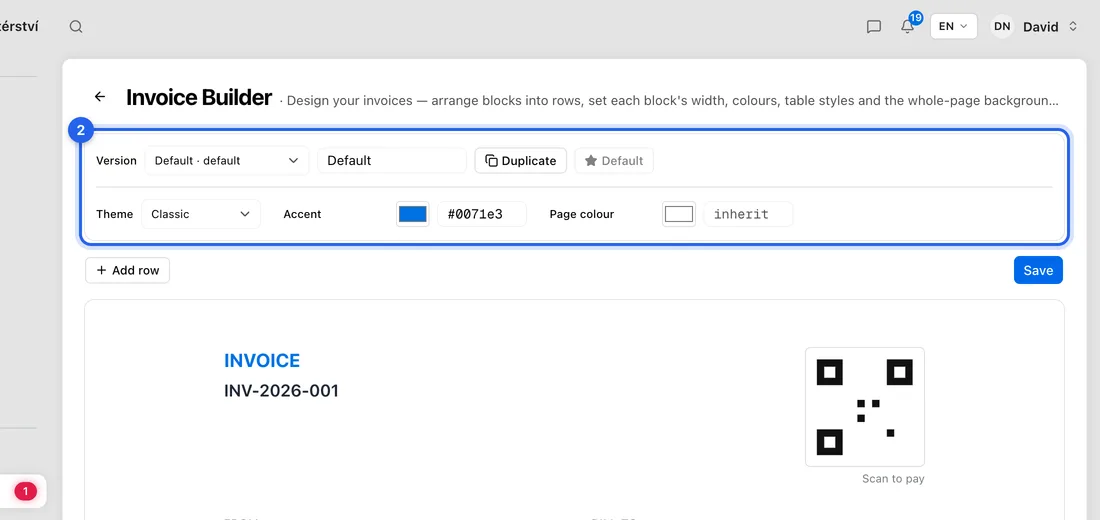 In the Invoice Builder, pick a Theme, e.g. Classic, Minimal or Ocean.
