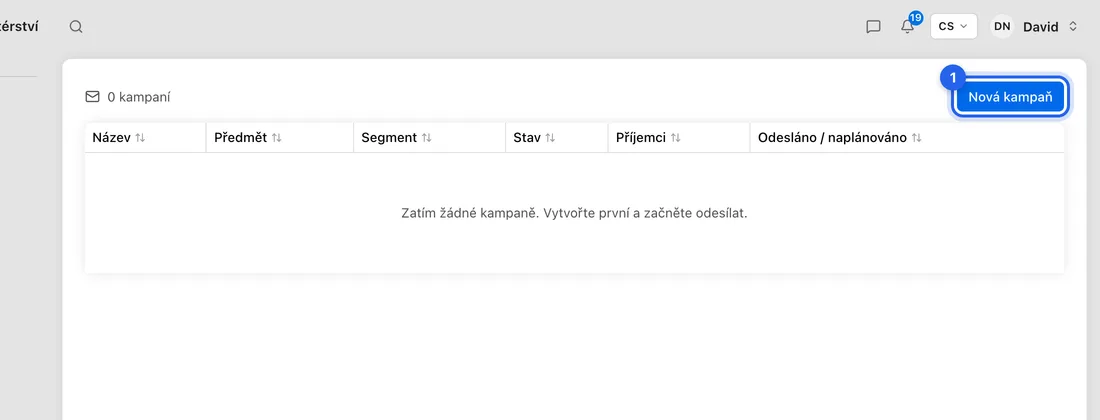 V levém postranním panelu otevřete Kampaně (v části Obchod) a klikněte na Nová kampaň.
