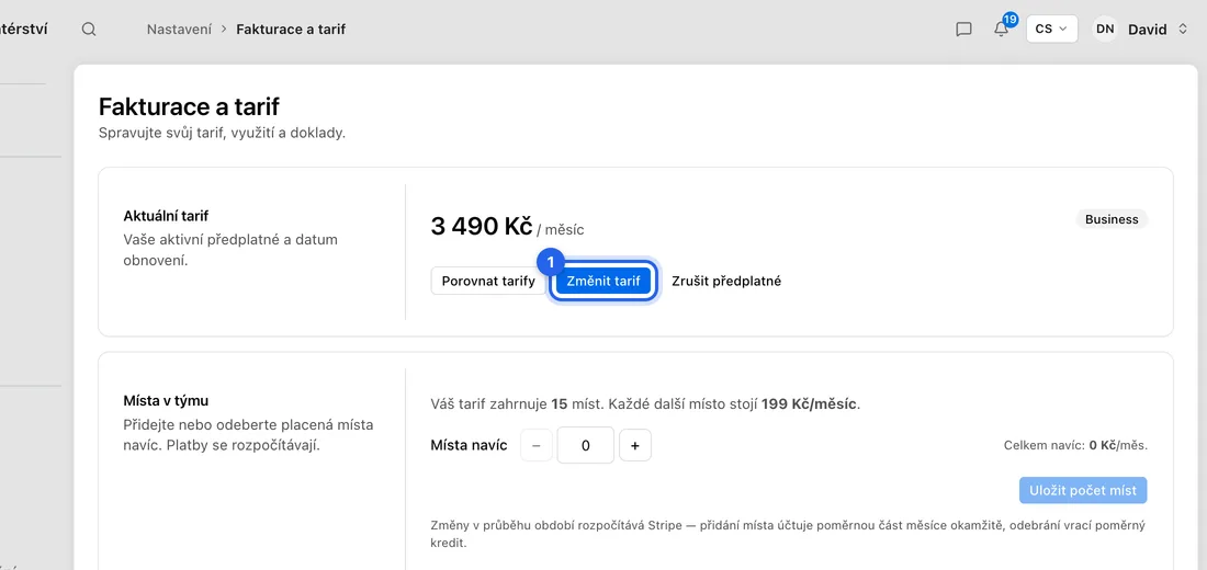 V části Aktuální tarif klikněte na Změnit tarif.
