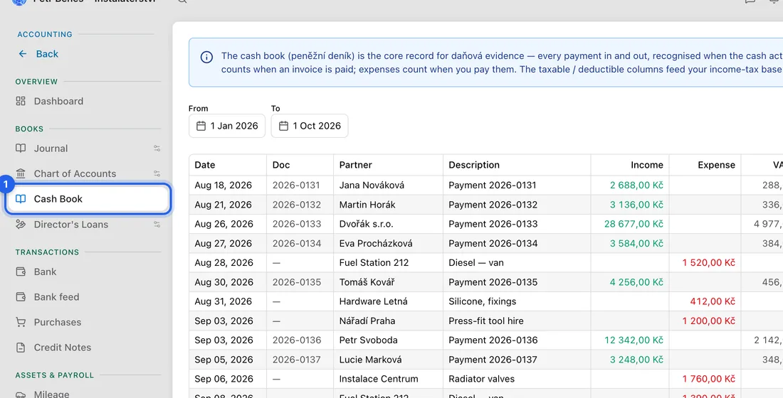 Click Accounting in the left sidebar. Under Books, click Cash Book.