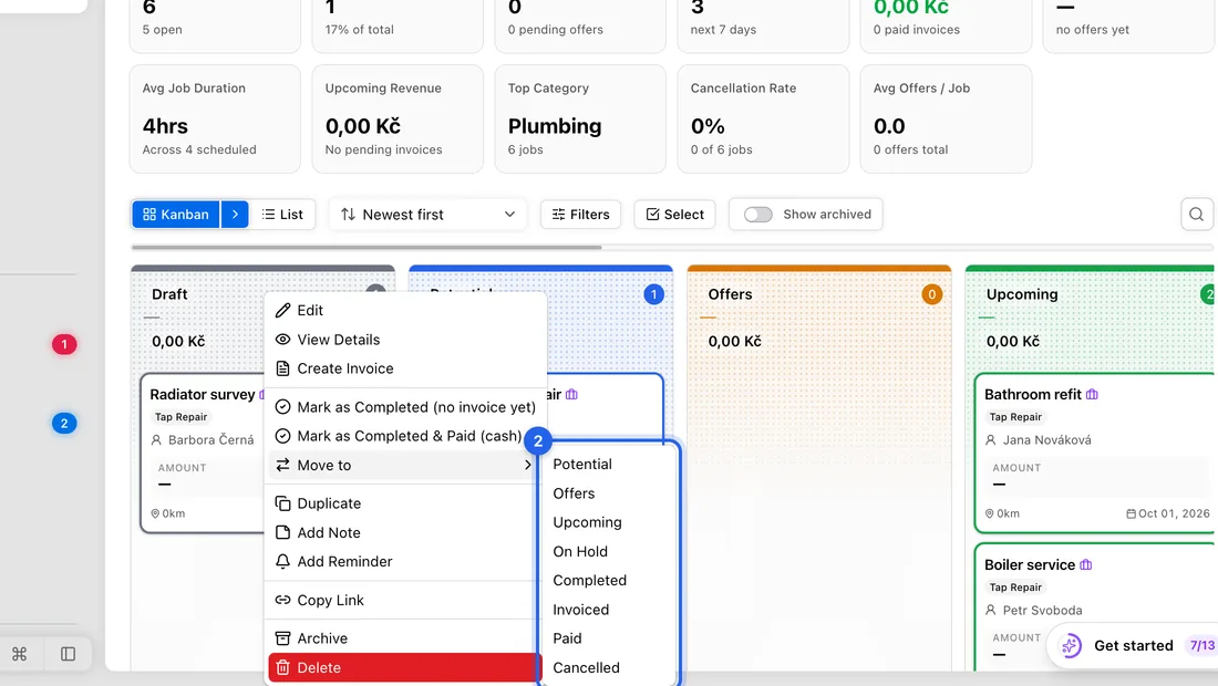 On a job, choose Move to and pick the column. On a quote, choose Mark as Accepted or Mark as Declined. On an invoice, choose Mark as Sent or Mark as Paid.