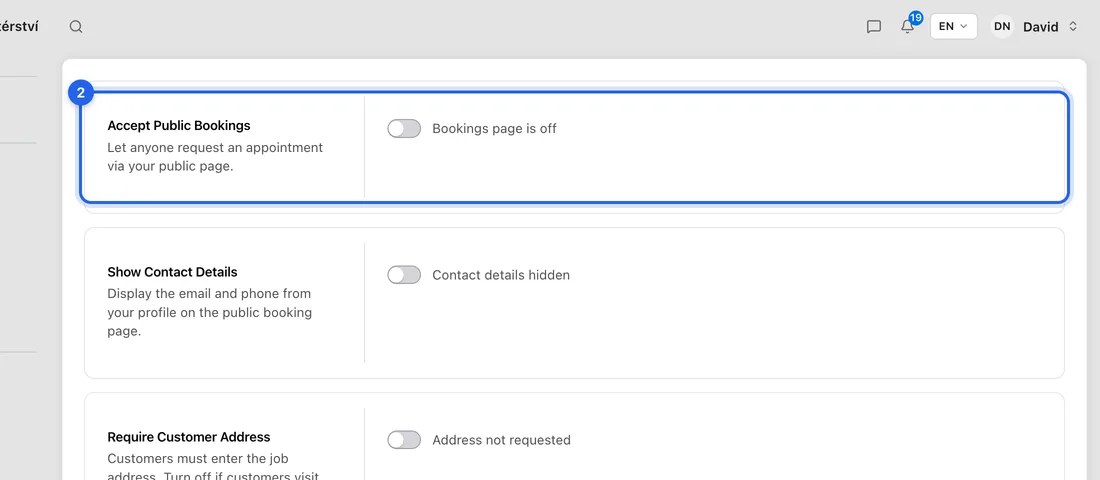 Turn on Accept Public Bookings. It now says “Bookings page is live”.