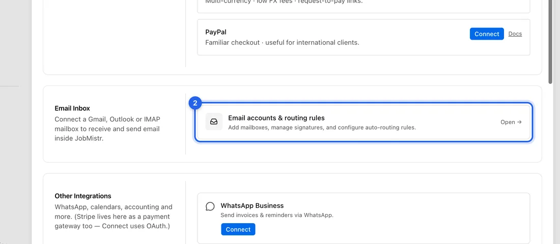 Find Email Inbox and click Open → on the card "Email accounts & routing rules". This opens the Email accounts page.