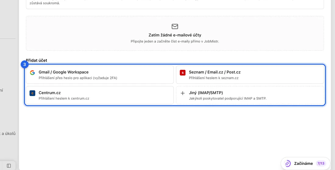 V části Přidat účet klikněte na svého poskytovatele: Gmail / Google Workspace, Seznam / Email.cz / Post.cz, Centrum.cz, nebo pro ostatní Jiný (IMAP/SMTP).