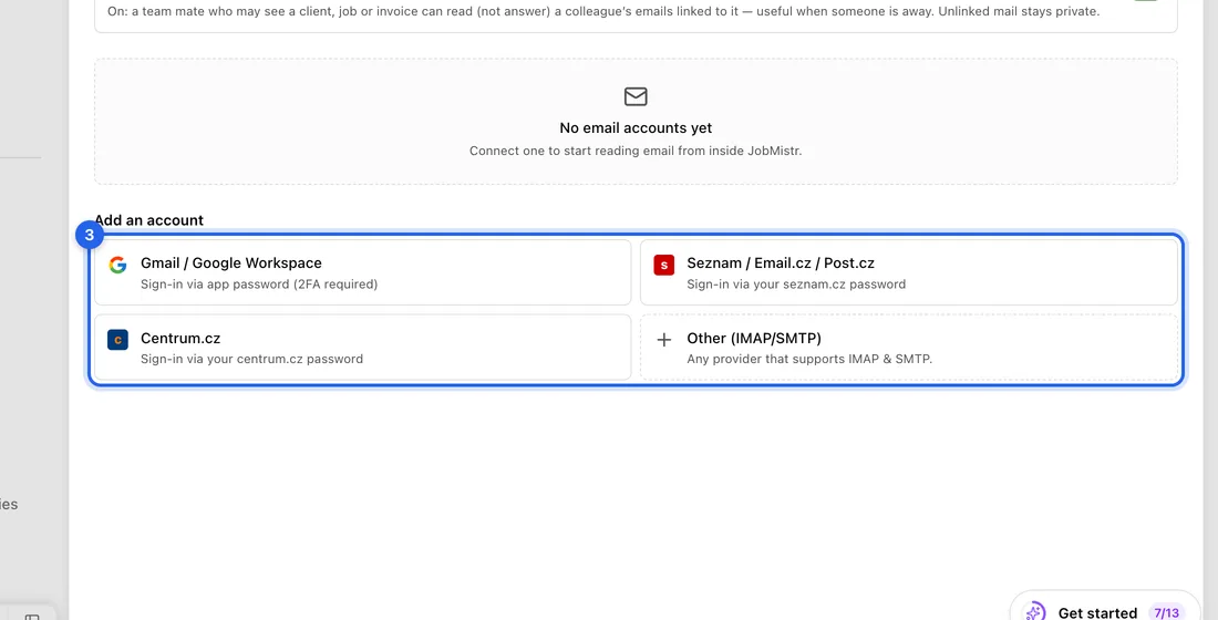 Under Add an account, click your provider: Gmail / Google Workspace, Seznam / Email.cz / Post.cz, Centrum.cz, or Other (IMAP/SMTP) for anything else.