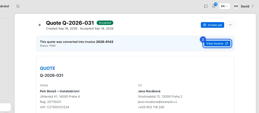 Under the quote you'll see “This quote was converted into invoice …”. Click View invoice.