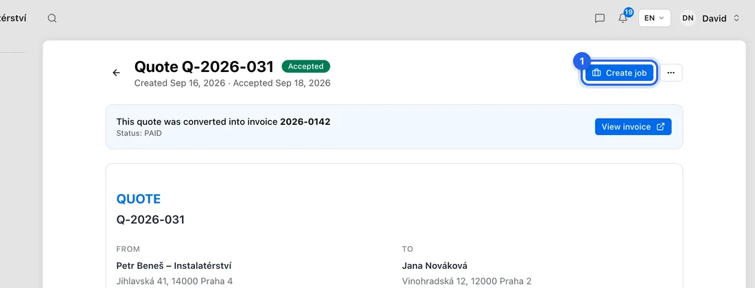 Open the accepted quote and click Create job.