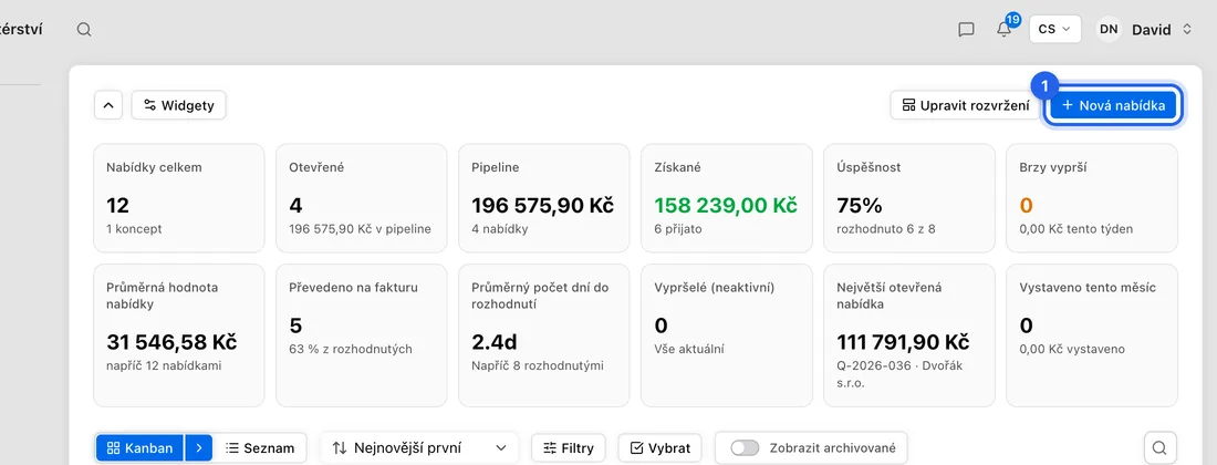 V levém postranním panelu klikněte na Nabídky a pak vpravo nahoře na Nová nabídka.