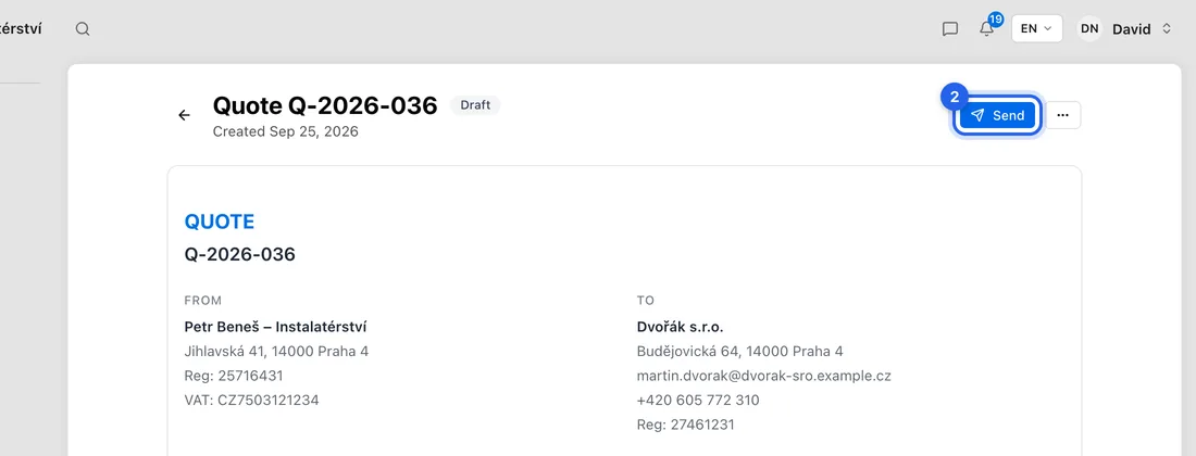 If it looks right, click Send at the top. You'll see “Quote sent to client”.