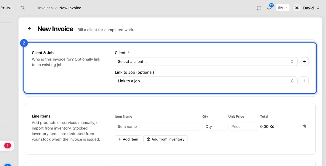 Under Client & Job, click Select a client... and pick your client. Not in the list yet? Click + (Add new client), fill in the client and save. You come back to the invoice with them picked.