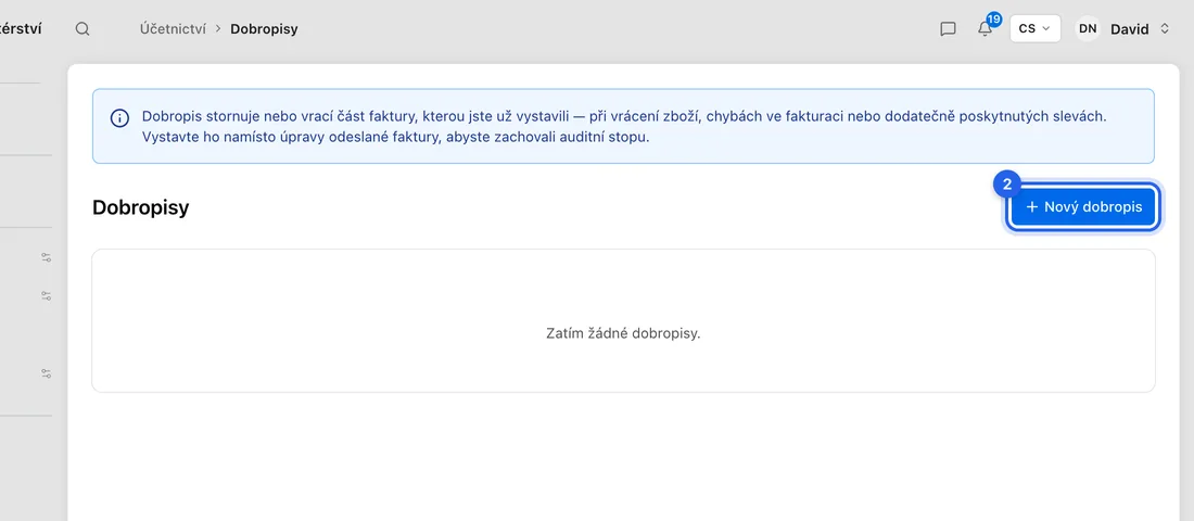Klikněte na Nový dobropis.