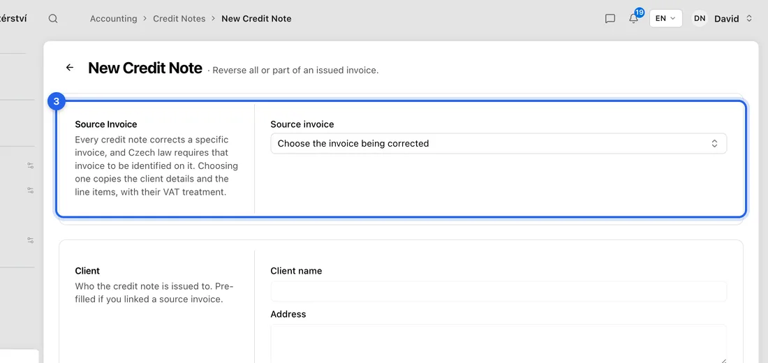 Under Source Invoice, click Choose the invoice being corrected and pick the invoice. The client and all its lines are copied in.