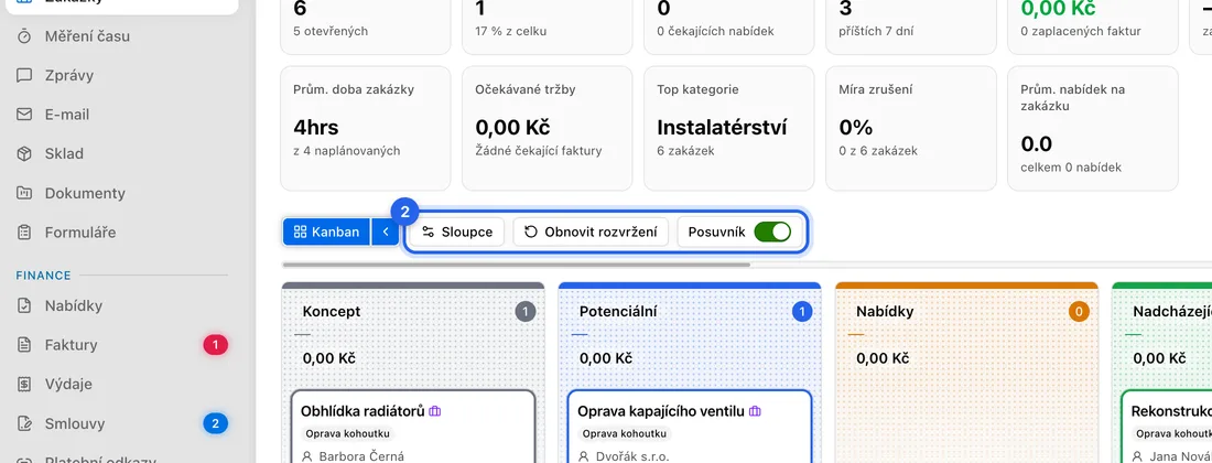 Mějte vybraný Kanban a klikněte na malou šipku vpravo od tlačítka Kanban. Objeví se další tlačítka.
