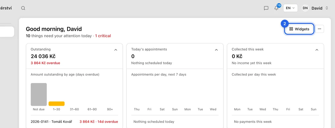 Click Widgets at the top right, next to the greeting. Every figure and card now shows a switch.