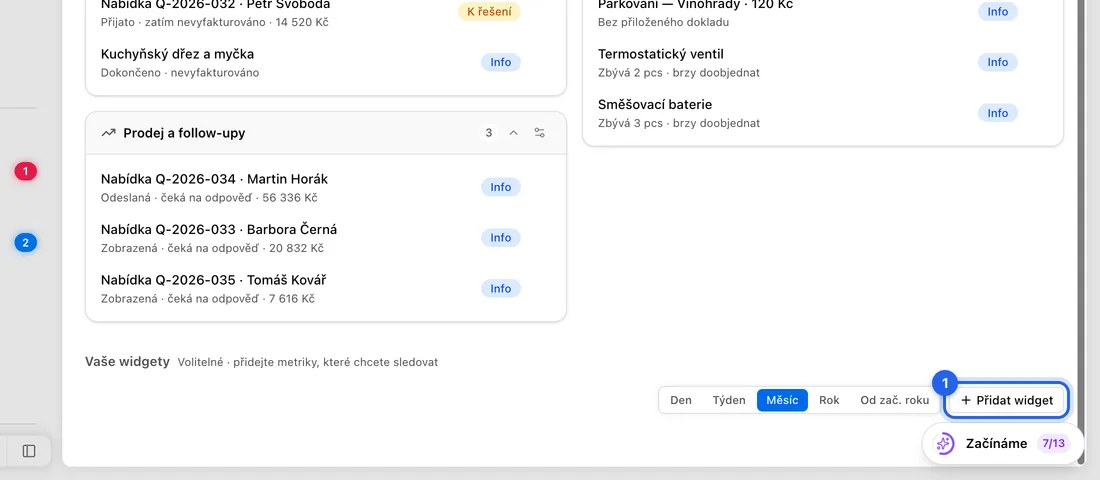 Pod nadpisem Vaše widgety klikněte na Přidat widget. Otevře se seznam widgetů.