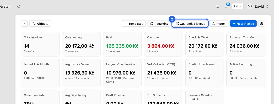 Click Customise layout at the top of the page. The Invoice Builder opens with a preview filled with sample data.