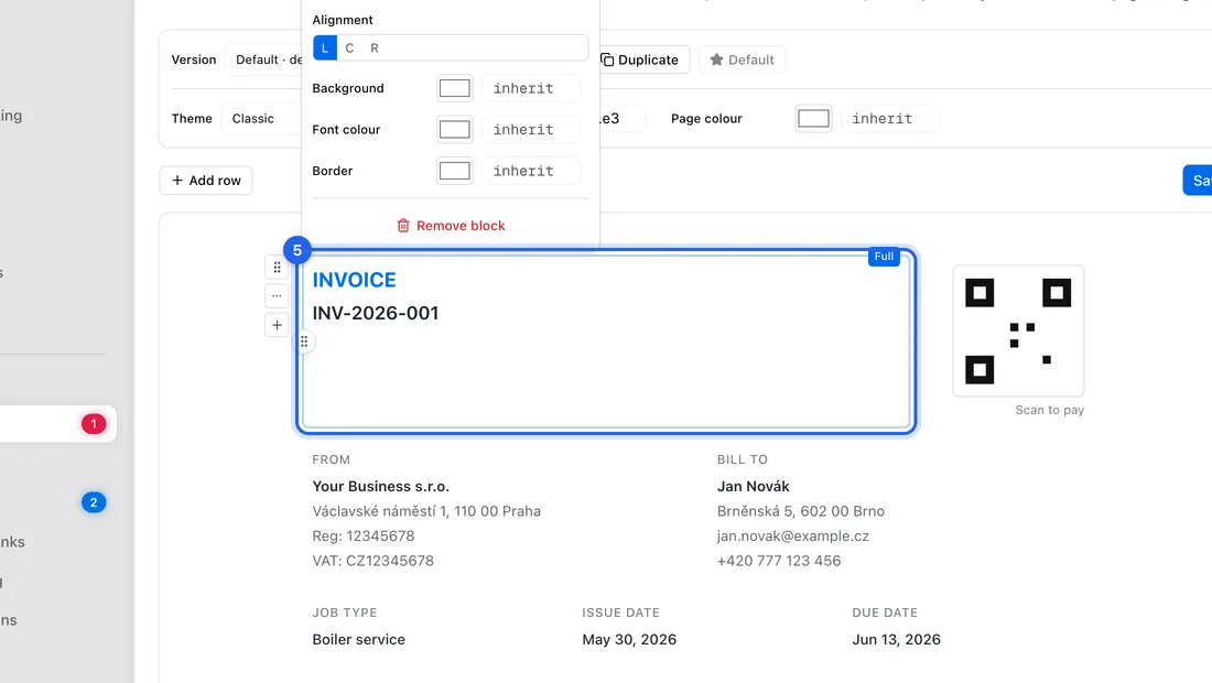Click a block to style it: Width, Alignment, Background, Font colour and Border. For the items table there are also Table colours and Column alignment. Click Remove block there to take it off.