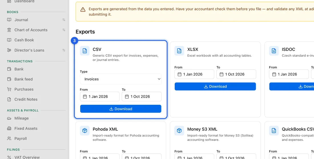 On the CSV card, pick what to export under Type: Invoices, Expenses, Journal, Credit notes or Cancelled invoices.