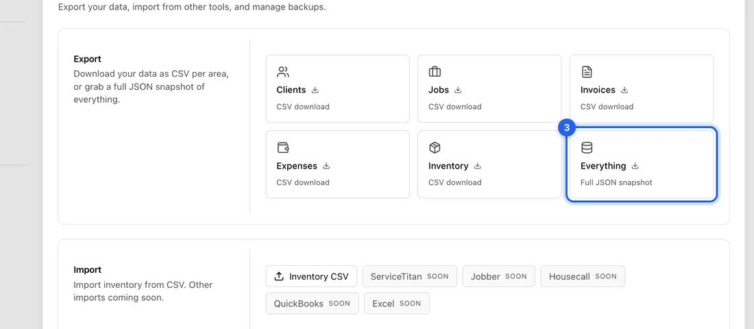 Or click Everything (Full JSON snapshot). You get one ZIP file with every record as JSON and your uploaded files. On a big account it can take a minute or two.