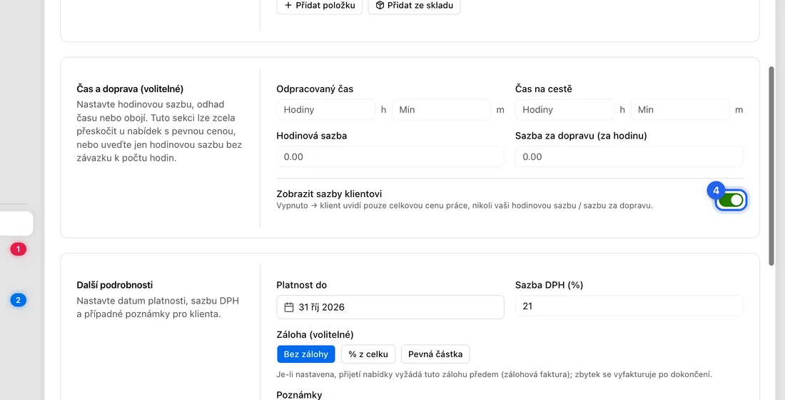 Dole v této části vypněte Zobrazit sazby klientovi.