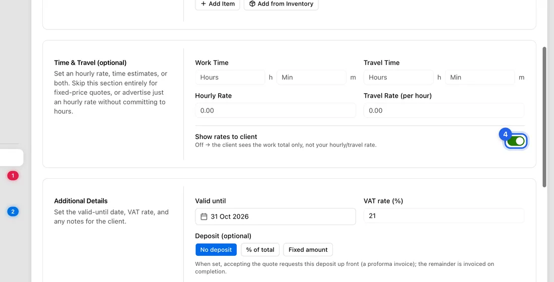 At the bottom of that section, turn off Show rates to client.