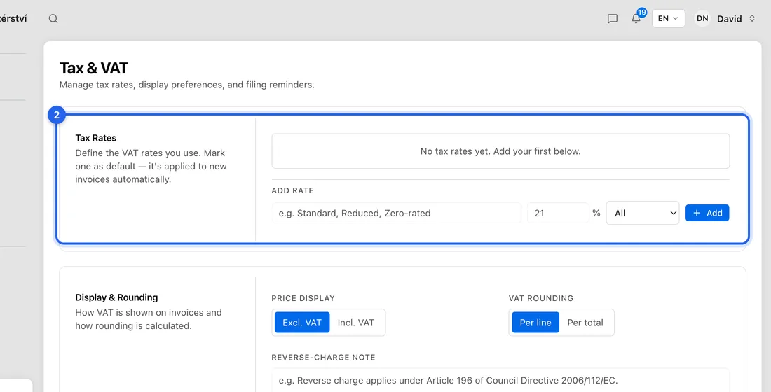 Under Tax Rates, click the star next to the rate you want as your default. The filled star marks the default.