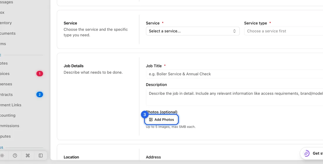 Under Job Details, find Photos (optional) and click Add Photos.