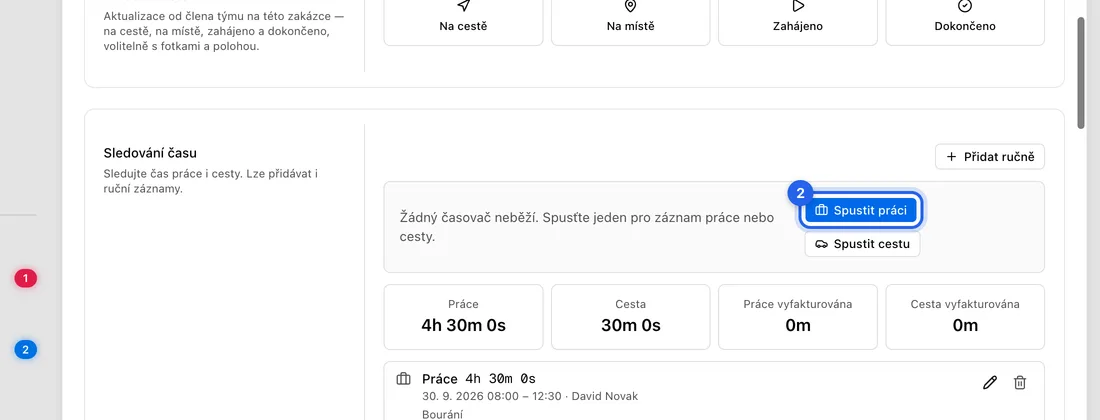 Nahoře na stránce klikněte na Spustit práci (nebo cestou na Spustit cestu). Objeví se „Časovač práce spuštěn“.