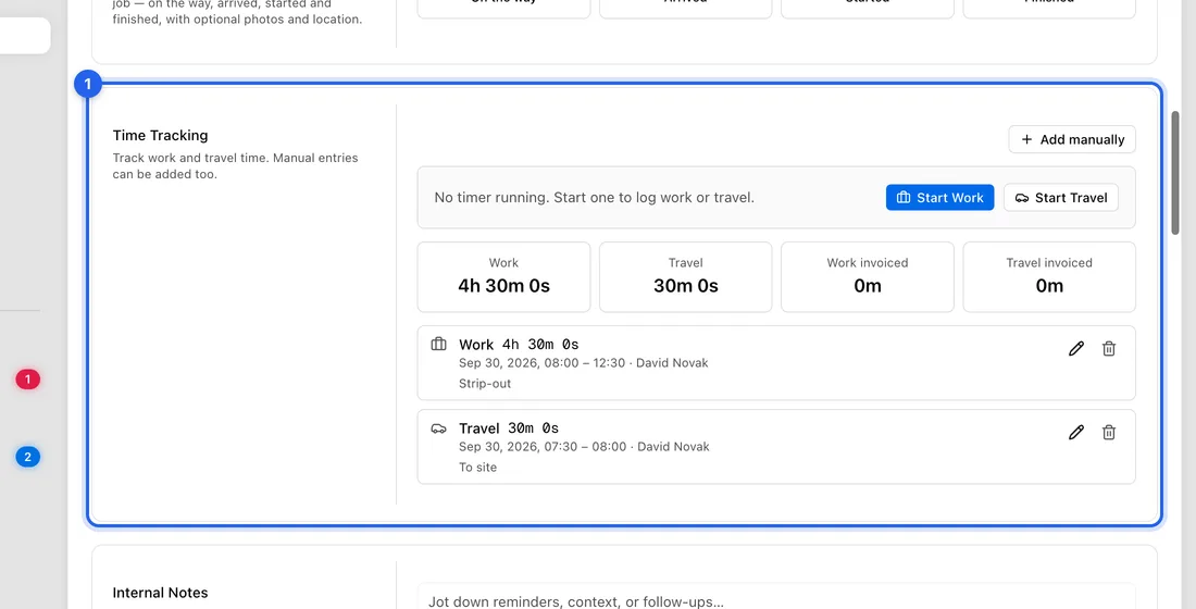 On the job, scroll to Time Tracking and click Add manually.