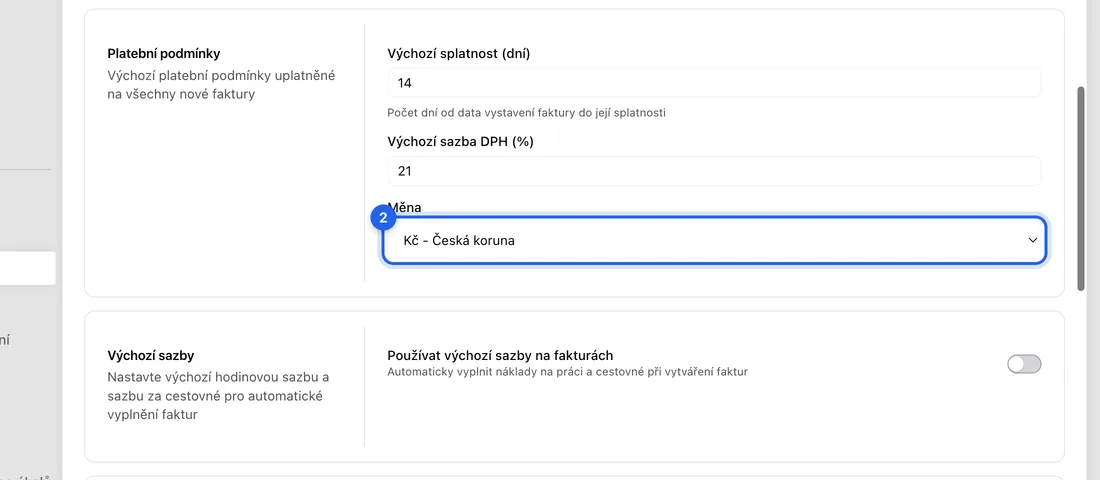 V části Platební podmínky otevřete Měna a vyberte měnu. Výchozí je Kč - Česká koruna. Seznam obsahuje všechny měny, pro které Česká národní banka vyhlašuje denní kurz.