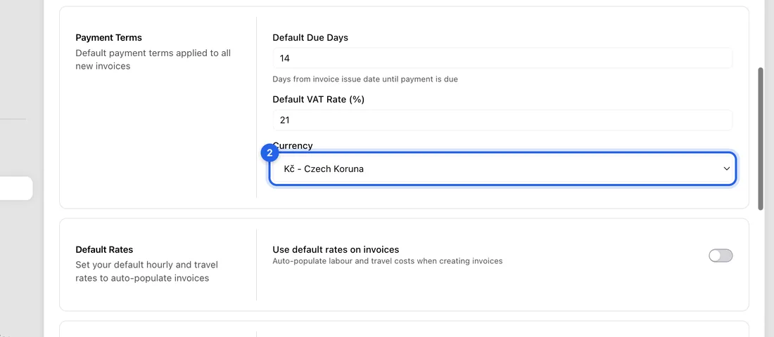 Under Payment Terms, open Currency and pick the currency. Kč - Czech Koruna is the default. The list holds every currency the Czech National Bank publishes a daily rate for.