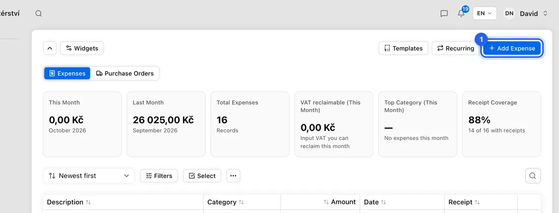 Click Expenses in the left sidebar, then click Add Expense at the top right.