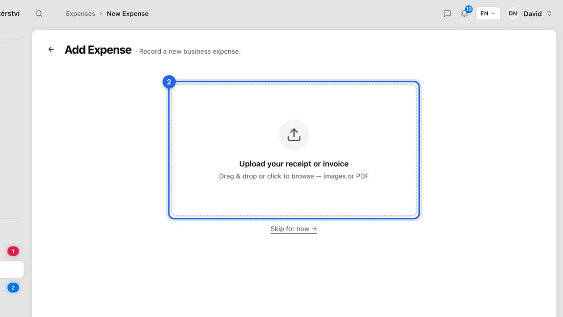 Under Upload your receipt or invoice, drag the file in or click the box to choose it. JPEG, PNG, WebP or PDF, up to 5 MB. No receipt to hand? Click Skip for now →.