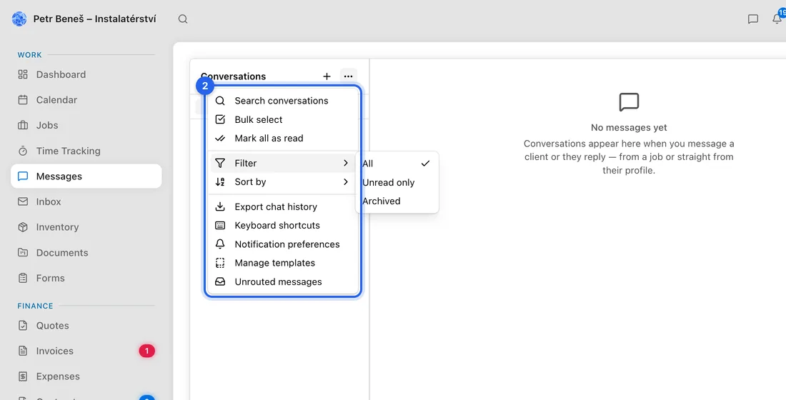 Open Filter and choose Archived. The heading changes to “Conversations · archived”.