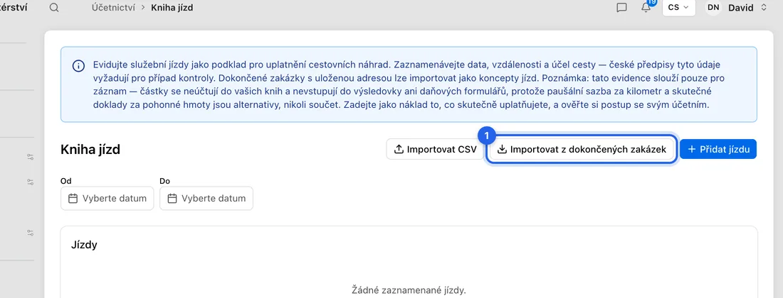 Na stránce Kniha jízd klikněte na Importovat z dokončených zakázek. Číslo na tlačítku ukazuje, kolik zakázek čeká.