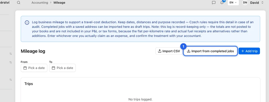On the Mileage log page, click Import from completed jobs. A number on the button shows how many jobs are waiting.