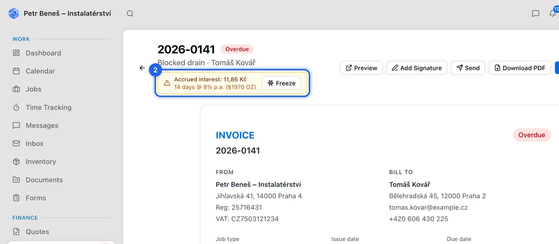 Under the invoice number there's a yellow box: Accrued interest, the amount, and below it how many days at what rate, e.g. “30 days @ 11.5% p.a. (§1970 OZ)”.