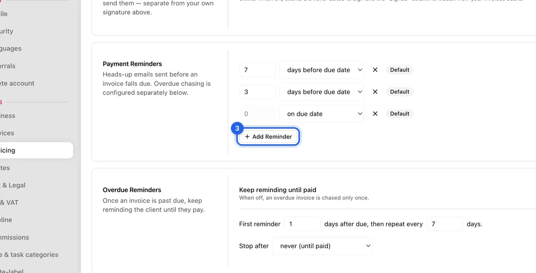 Change a number to move a reminder. Click Add Reminder for another one, or the X on a row to remove it.