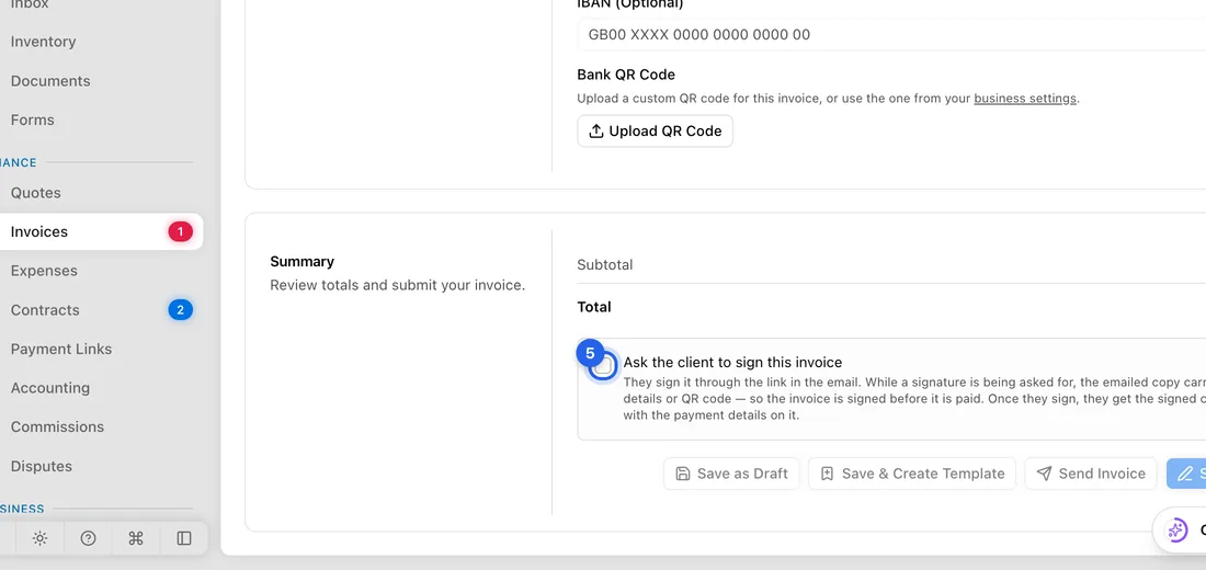Client's signature: in the Summary, tick or untick Ask the client to sign this invoice.