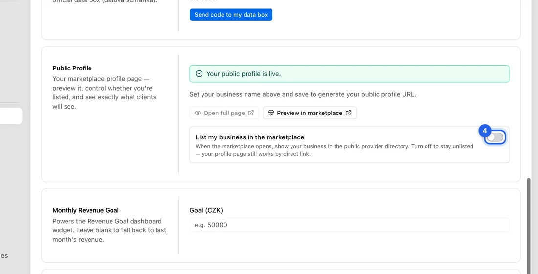 Turn List my business in the marketplace on or off. It saves as soon as you flip it, and you'll see “Listed in the marketplace” or “Hidden from the marketplace”.