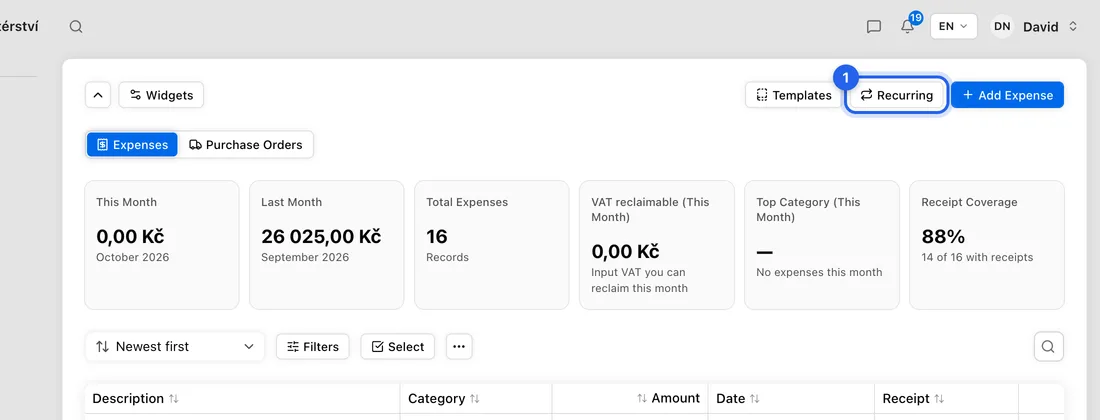 Go to Expenses → Recurring. The list shows each one's Name, Category, Schedule, Amount, Next run and Agreement.
