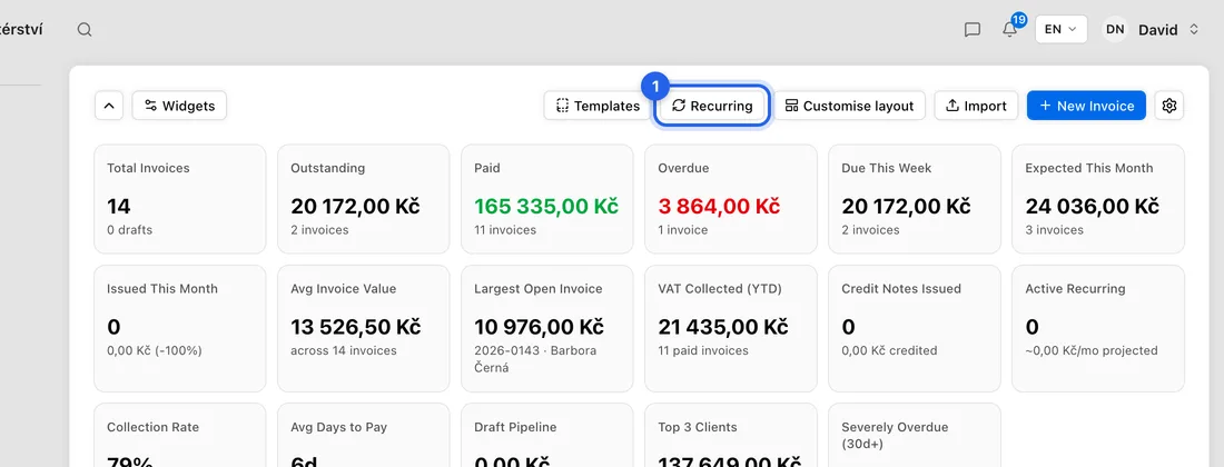 On Invoices, click Recurring at the top of the page. The Recurring invoices page lists each series with its Interval, Next run, Occurrences and Status.