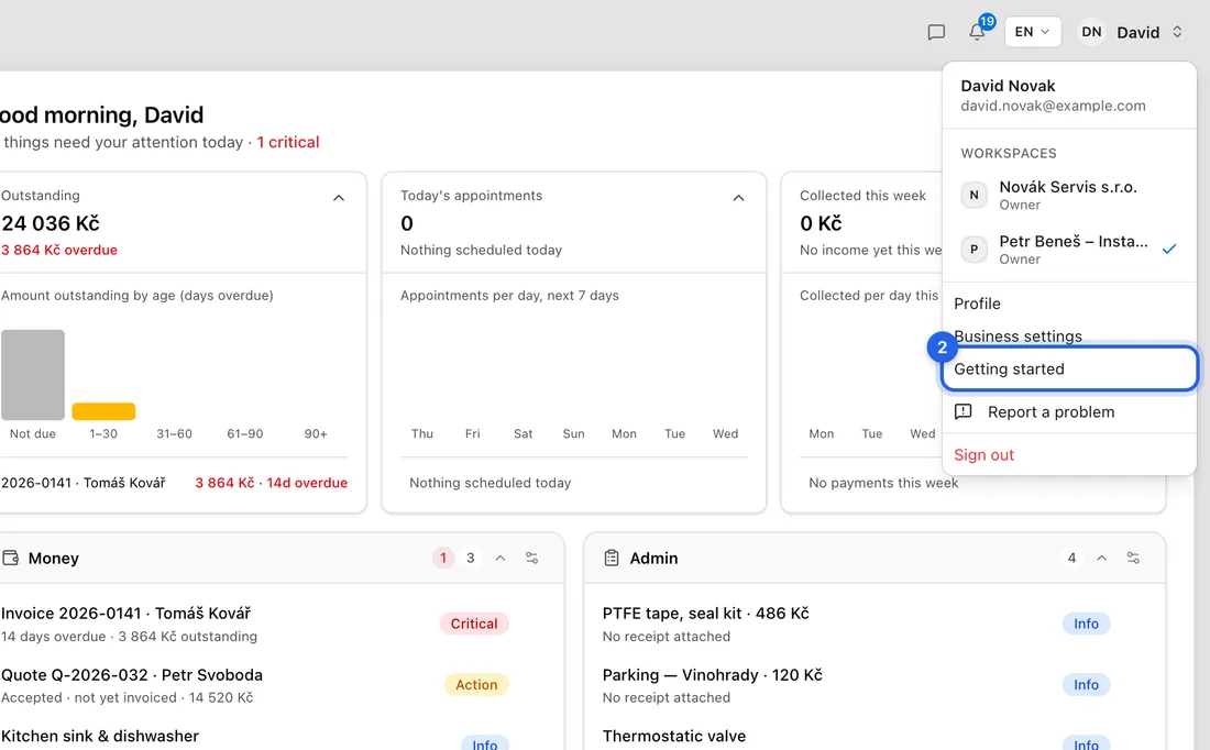 Choose Getting started. The checklist opens in the bottom-right corner, with your ticks where you left them.
