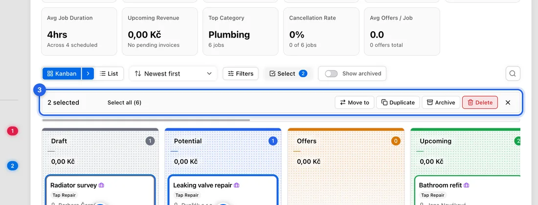 Use the bar that appears to act on all of them. On Invoices: Status (mark them all as one status), Print, PDF, Duplicate, Archive, and the red bin, which cancels them. On Jobs: Move to, Duplicate, Archive and Delete.